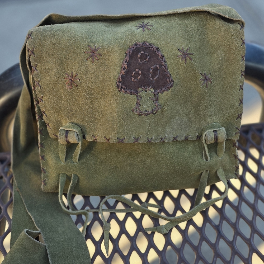 Handcrafted Green Suede Bag with Mushroom Design